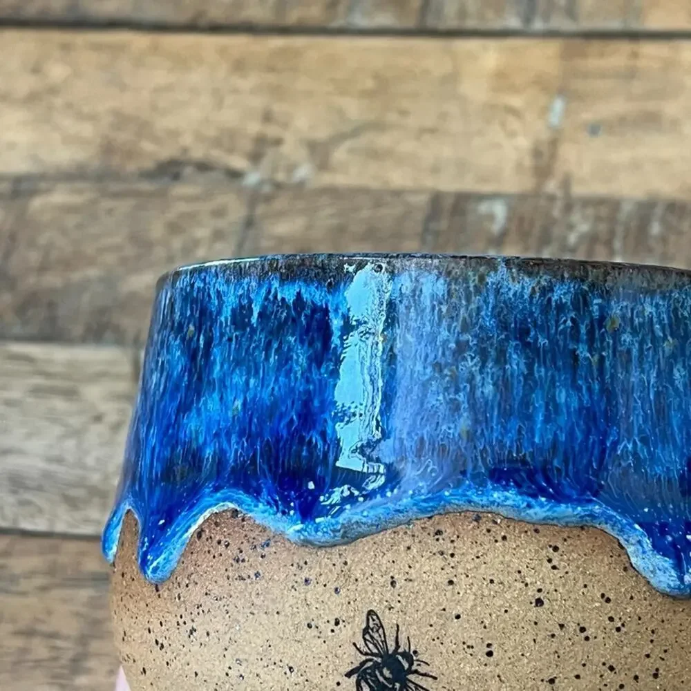 Handmade Stoneware Bowl Speckled Glossy Blue Drip Glaze Black Bees